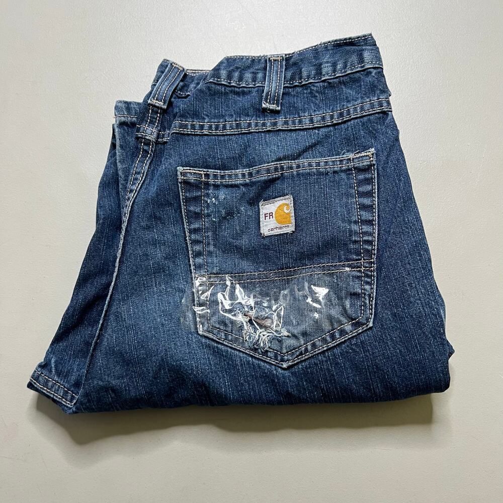 Carhartt FR Jeans Mens 34x32 Blue Denim Carpenter Distress Y2K Actual Sz 32x30